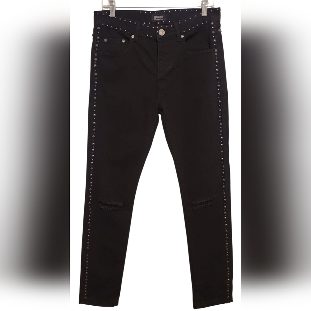 Boohoo Man Premium Black Slim Fit Stud Detail Jeans Size 30R